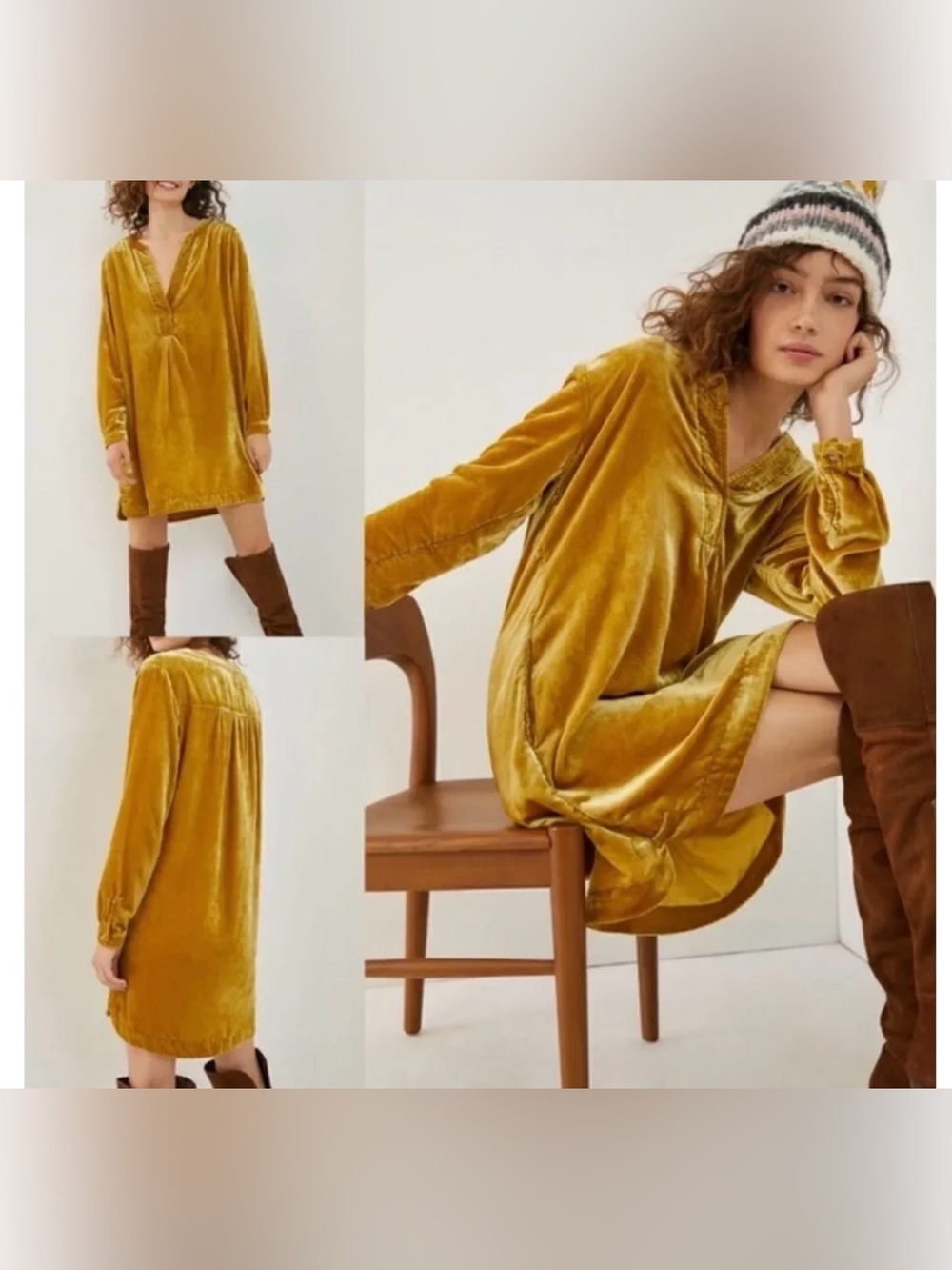 By Anthropologie Melody Velvet Tunic Dress Gold Chartreuse XS EUC